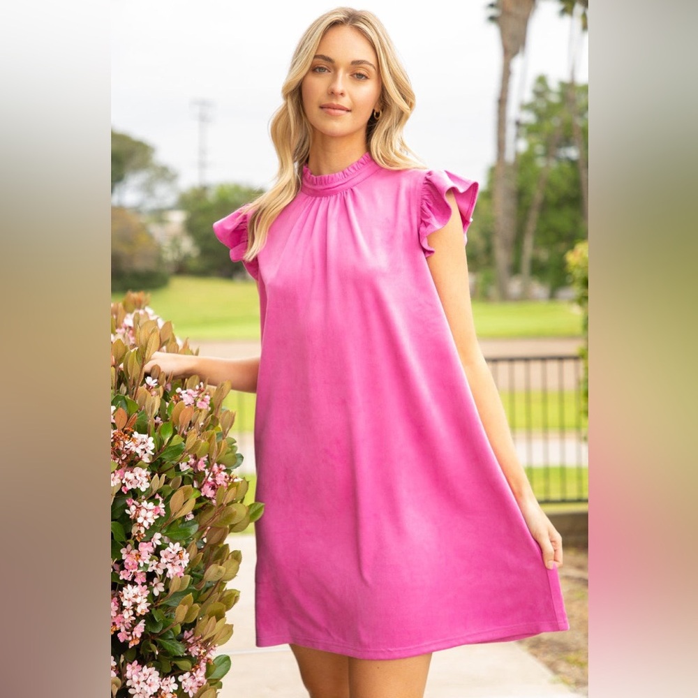 NEW W/ TAGS! Women’s Size Large Faux Suede Ruffle Sleeve Dress in Hot Pink NWT